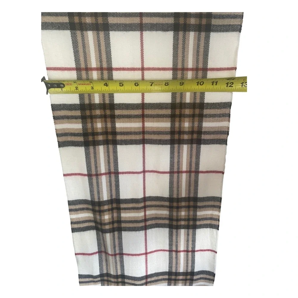 100% Cashmere Plaid Scarf Made in Scotland Cream Tan Black Check Fringe Trim